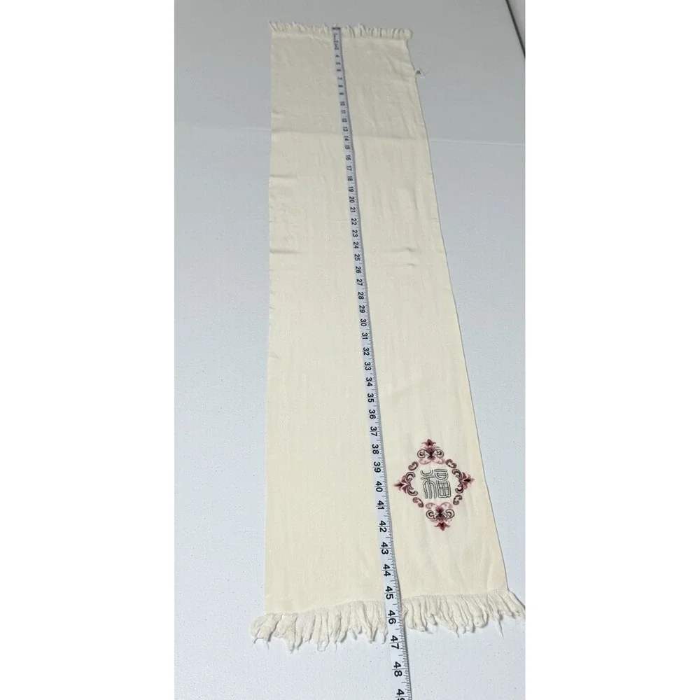 Vintage Embroidered Silk Scarf Fringe Boho Cottagecore Folk Art Cream Minimalist